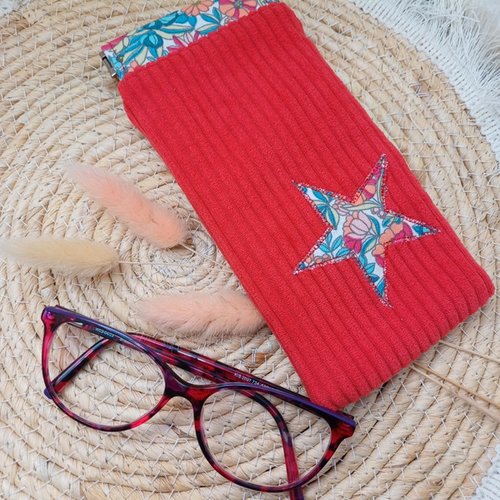 Etui à lunettes velours côtelé rouge et coton fleuri - fermeture clic-clac