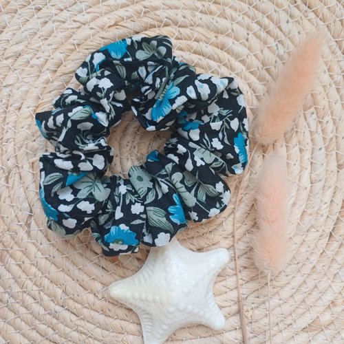 Chouchou, scrunchie, elastique cheveux, coton fleuri noir et bleu
