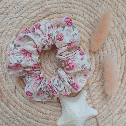 Chouchou, scrunchie, elastique cheveux, coton fleuri rose