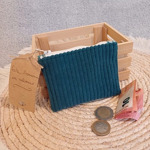 Porte-monnaie rectangulaire velours – trousse, pochette - coloris bleu canard - doublure coton fleuri