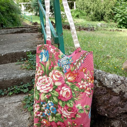 Sac cabas "bouquet romantique" tissu romanex vintage double coton rose