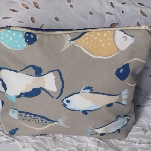 Trousse pochette faite main "les poissons" doublée zip