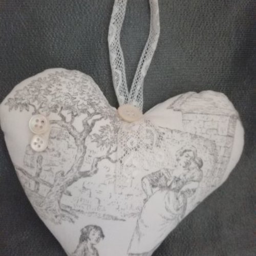 Coussin de porte coeur à suspendre toile de jouy grise ancienne