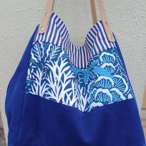 Grand sac cabas cube fait main harmonie bleue multi matières