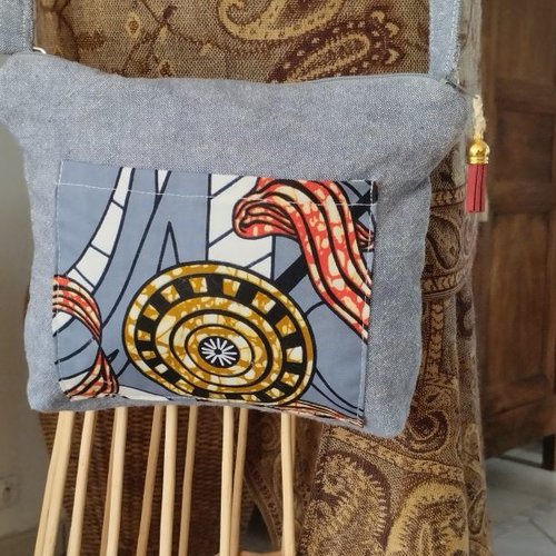 Sac bandoulière pochette toile et wax tons bleu