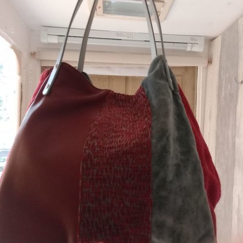 Grand sac cabas cube fait main cuir et velours harmonie bordeaux et gris