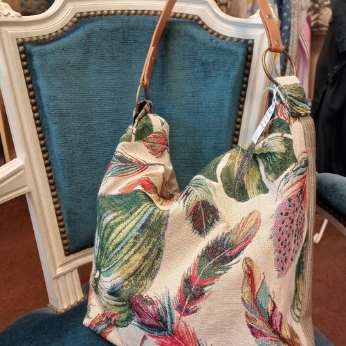 Sac hobo besace fait main tissu jacquard feuilles zip doublé