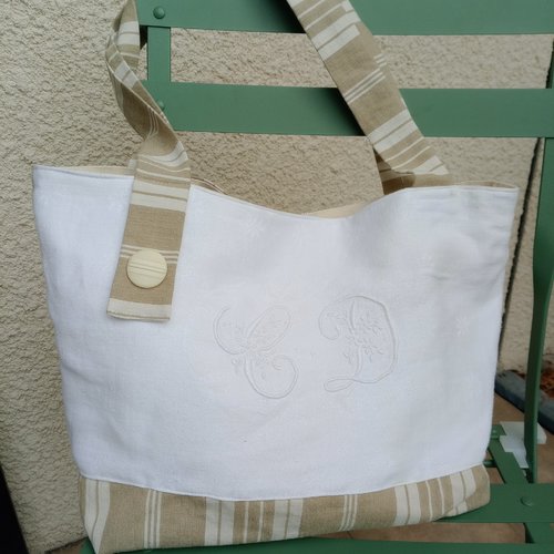 Sac cabas toile matelas et damassé monogramme "cd" brode main doublé metis