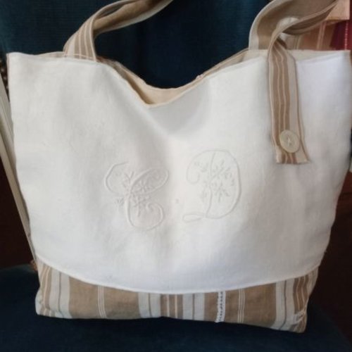 Sac cabas toile matelas et damassé monogramme "cd" brode main doublé metis