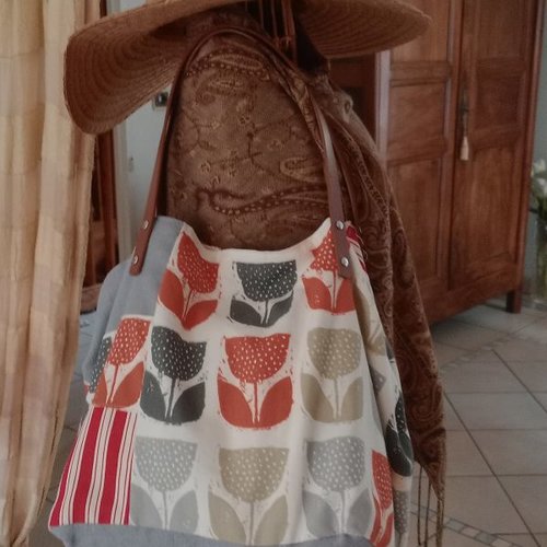 Grand sac cabas cube fait main coton multi impressions tulipes