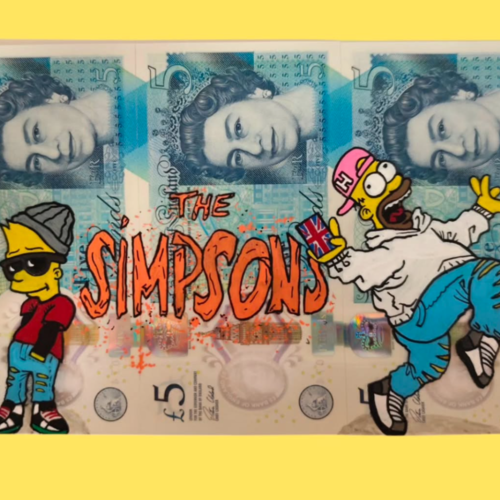 Tryptique sur billet de 5 pounds uk x bart & homer simpson