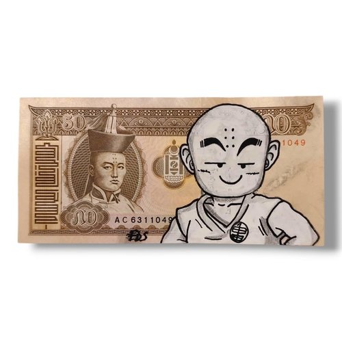 Œuvre unique sur billet – krillin de dragon ball sur billet mongol illustré à la main