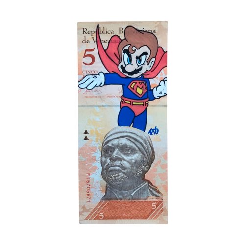 Mario version super-héros peint à la main sur billet – art unique et fait main