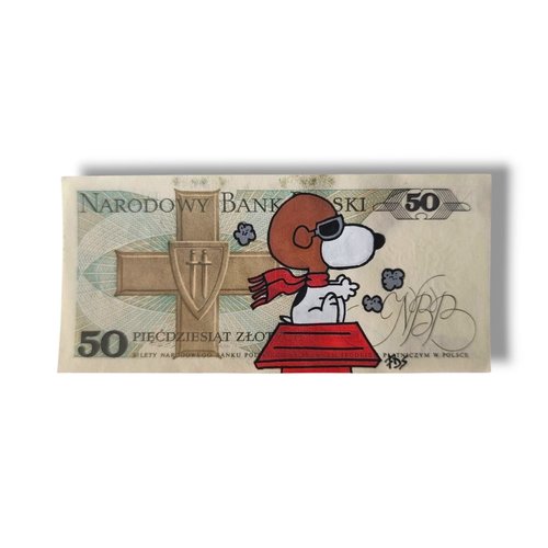 Billet de 50 zloty de pologne x snoopy - oeuvre art unique