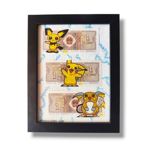 Tableau encadré pikachu & billets anciens – art fait main pokémon