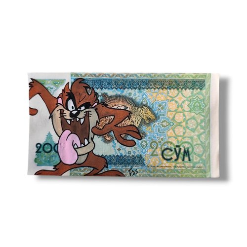 Billet 200 soums ouzbékistan peint – taz looney tunes – art fait main
