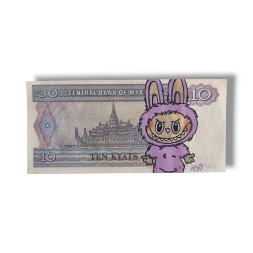 Labubu sur billet de 10 kyats de birmanie – art fait main (pop mart)