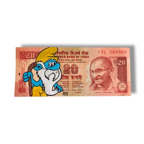 Vieux schtroumpf sur billet de 20 roupies – art fait main