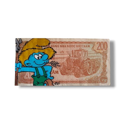 Billet vintage du vietnam transformé en œuvre pop art – schtroumpf paysan