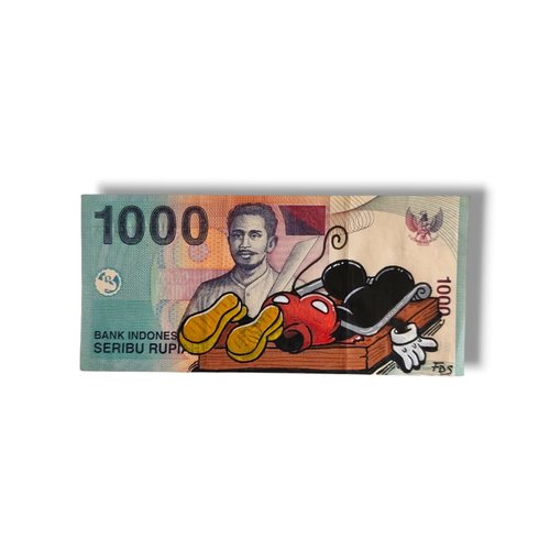 Œuvre unique – mickey piégé dans une tapette à souris (billet 1000 roupies customisé)