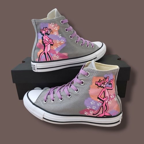 Converse chuck taylor customisées à la main – panthère rose – taille 39 – pièce unique