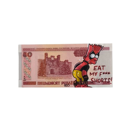 Billet customisé – bart simpson façon deadpool – œuvre unique sur 50 roubles