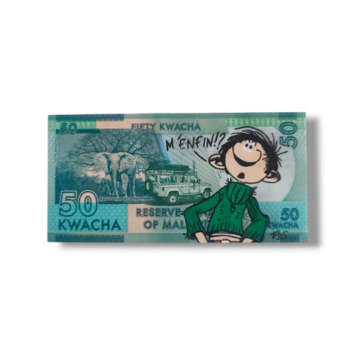 Dessin original gaston lagaffe – billet customisé 50 kwacha du malawi