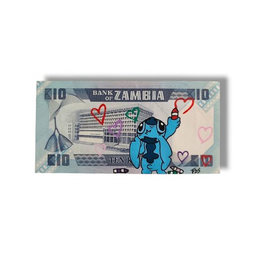 Billet zambien 10 kwacha transformé en art pop avec stitch et cœurs