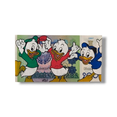 Tableau pop art artisanal – riri, fifi et loulou sur billet ouzbek