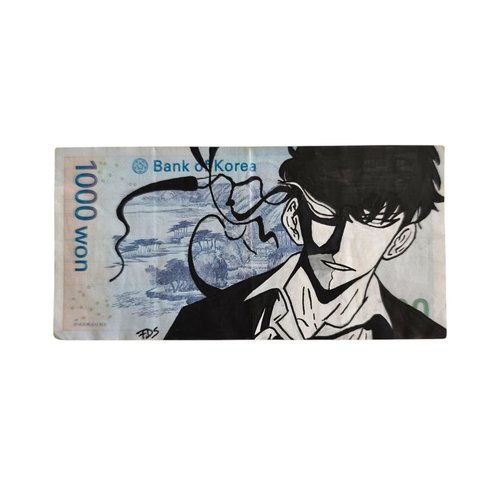 Fanart de sung jinwoo (solo leveling) sur billet coréen – art fait main unique – œuvre originale