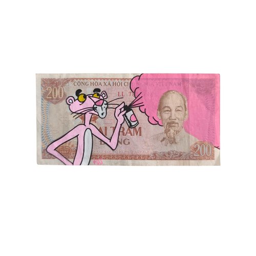 Œuvre pop art – panthère rose sur billet vietnamien vintage – street art original fait main