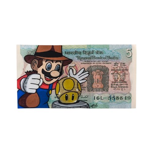 Mario x indiana jones – billet peint à la main – art geek sur billet de 5 roupies
