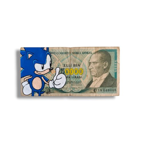 Sonic sur billet de turquie – œuvre originale geek et pop art – fait main