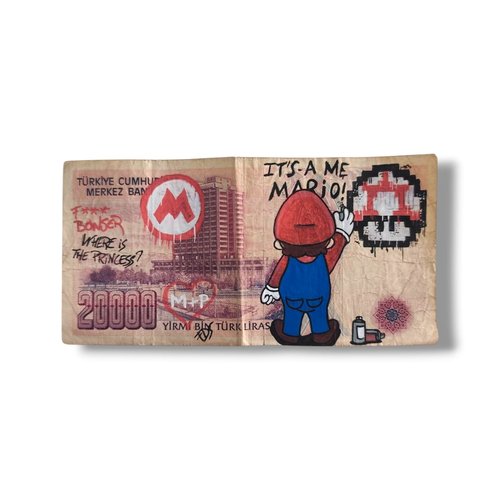 Mario street art – billet turc revisité à la main – œuvre pop et geek