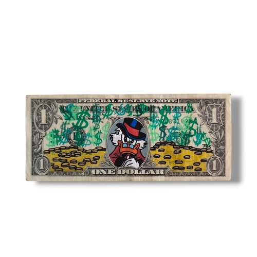 Billet de 1 dollar customisé – picsou et pluie d’or – œuvre d’art originale faite main