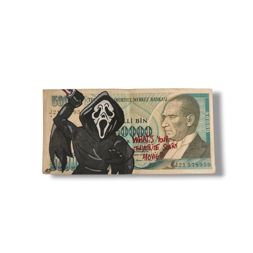 Œuvre d’art sur billet – ghostface de scream | peinture originale sur monnaie | pop culture & street ar