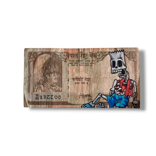 Tableau sur billet – bart skeleton | peinture originale sur billet népalais