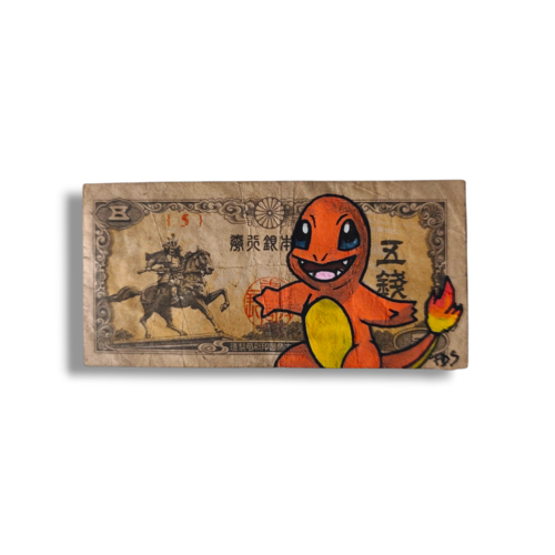 Billet japon ancien customisé – salamèche pokémon – œuvre artisanale signée