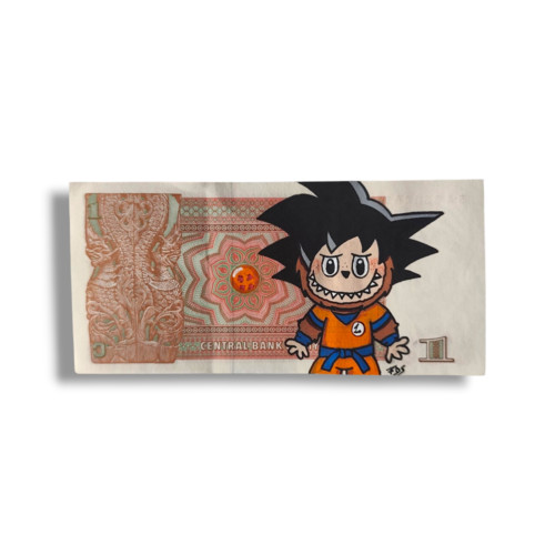 Billet customisé à la main – labubu goku sur billet birman dragon ball