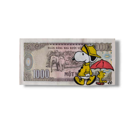 Billet customisé à la main – snoopy & woodstock sous la pluie