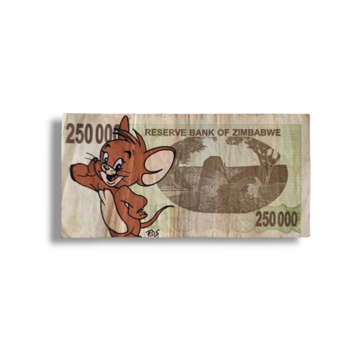 Tom et jerry – custom art sur billet du zimbabwe 250 000 – œuvre originale signée