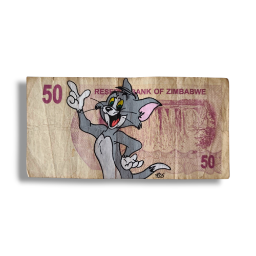 Tom et jerry – tom – custom art sur billet du zimbabwe 50 – œuvre unique