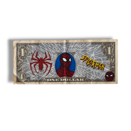 Spider-man sur billet de 1 dollar – art pop & street – peinture acrylique signée captain custom