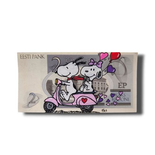 Billet d’estonie illustré à la main – snoopy et son amoureuse en scooter