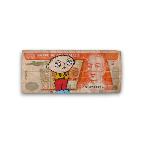 Stewie griffin peint à la main sur véritable billet du guatemala – œuvre originale pop art