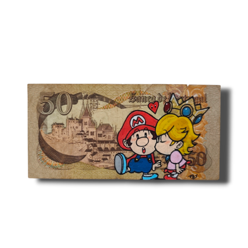 Bébé mario & bébé peach sur billet du portugal – œuvre originale peinte à la main