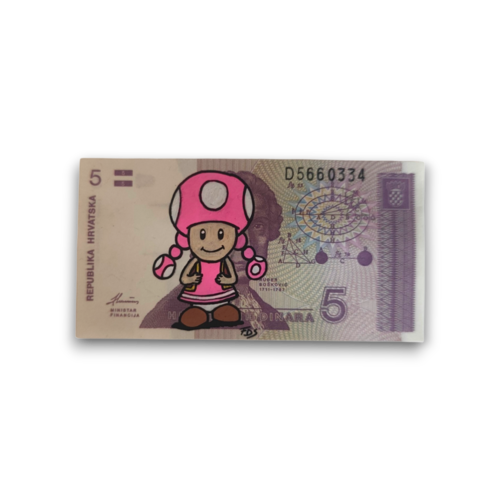 Toadette sur billet de croatie – œuvre originale peinte à la main