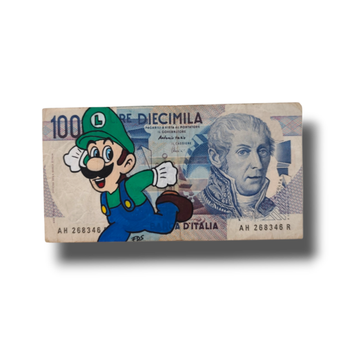 Luigi peint à la main sur authentique billet italien – œuvre originale inspirée de nintendo