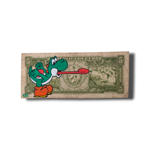 Yoshi sur billet de 5 pesos cubains – œuvre originale peinte à la main