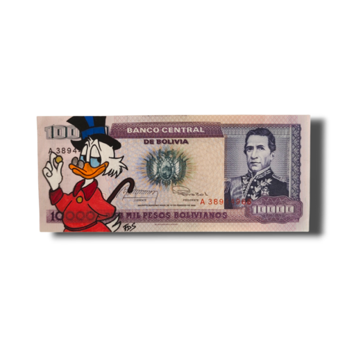 Œuvre originale sur billet authentique de bolivie – picsou (scrooge mcduck) – pop art / street art – pièce unique signée